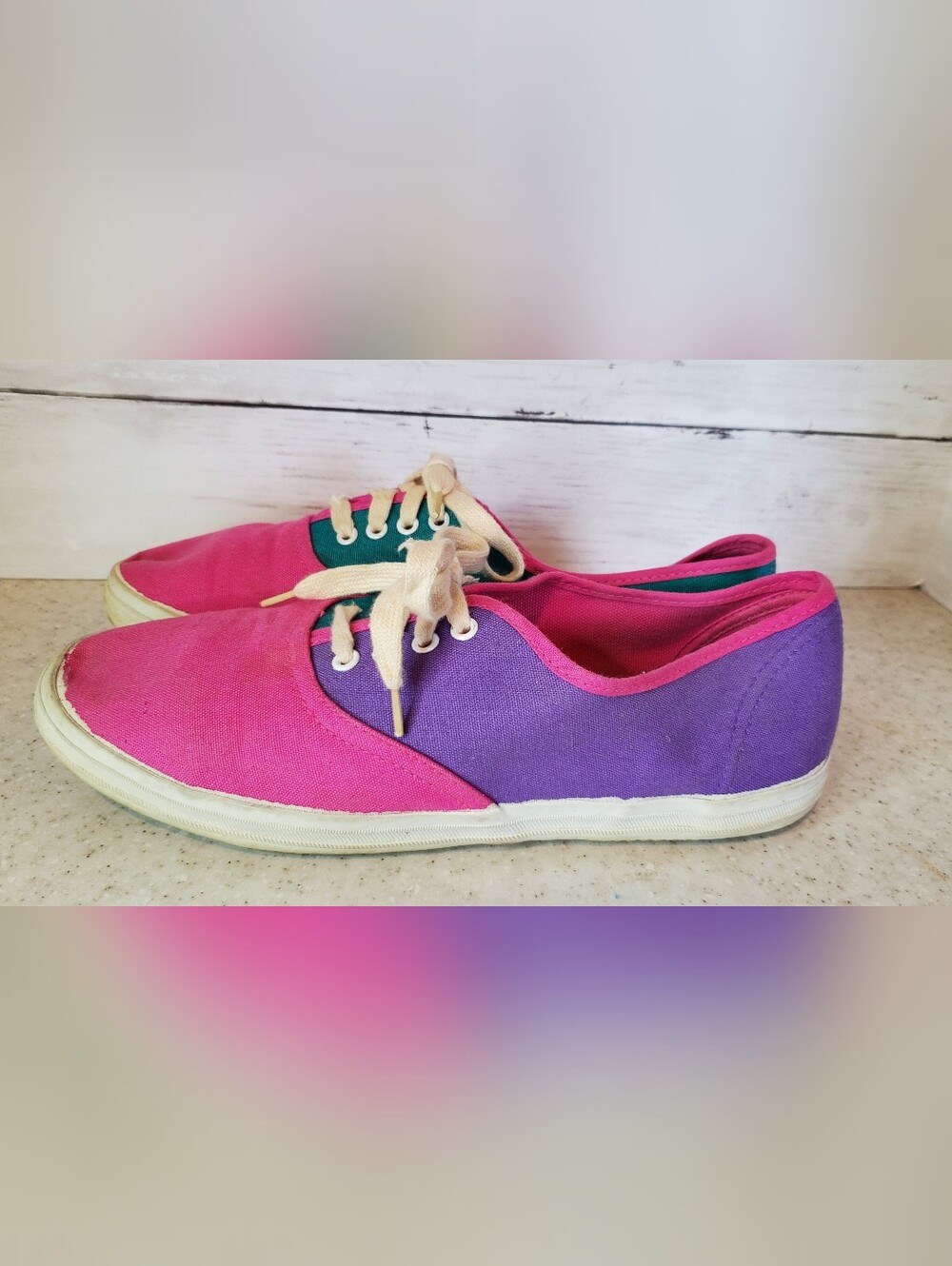 Vintage 90s Womens Size 8 Colorblock Canvas Sneakers Pink Purple Teal Lace Up - Picture 4 of 6